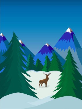 Ormanın karla kaplı manzarası. Köknar ağaçları ve ren geyiklerinin hedefleriyle birlikte doğanın tasviri. Kışın dağların yakınındaki orman. Dağ kar zirveleri. Kışın doğa..