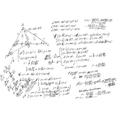 Matematiksel formüller ve problemler ve denklemler kümesi. Bir öğrencinin ödevi. Cebir ve geometri görevlerinin vektör görüntüsü.