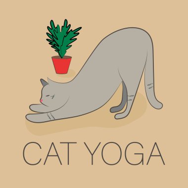 Yoga kedisi. Rahatlatıcı vücut egzersizleri. Yoga için vektör logosu.