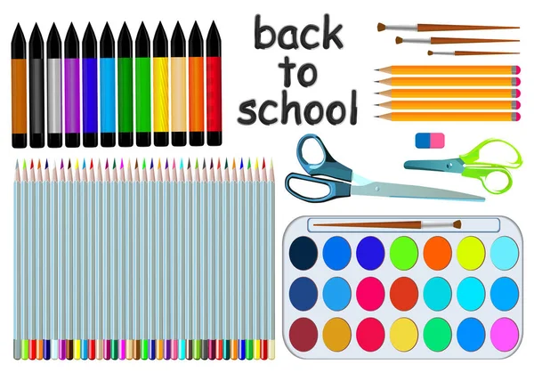 Zurück Zur Schule Ein Satz Bleistifte Filzstifte Farben Pinsel Und — Stockvektor