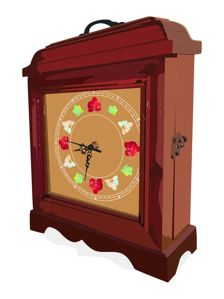 時計と上にハンドル付きの木製の胸箱 花と時計 アンティークチェスト インテリアの要素 時計と棺の家政婦 — ストックベクタ