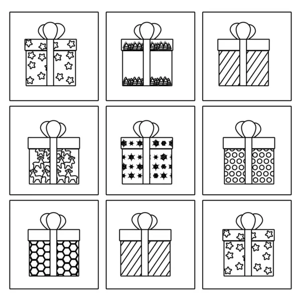 Beautiful Boxes Gifts Drawn Black Lines — стоковый вектор