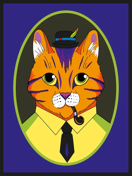Image Cat Hat Pipe Smoking Tie Cat Gentleman Felovom Suit — стоковый вектор