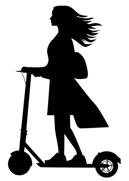 Kız elektrikli scooter kullanıyor. Araba kullanırken ve kullanırken elektrikli scooter. Ekolojik taşıma yöntemi.