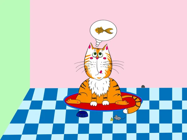 肥猫坐在地板上 梦到鱼 一只猫坐在一只将要吃奶酪的老鼠旁边 — 图库矢量图片