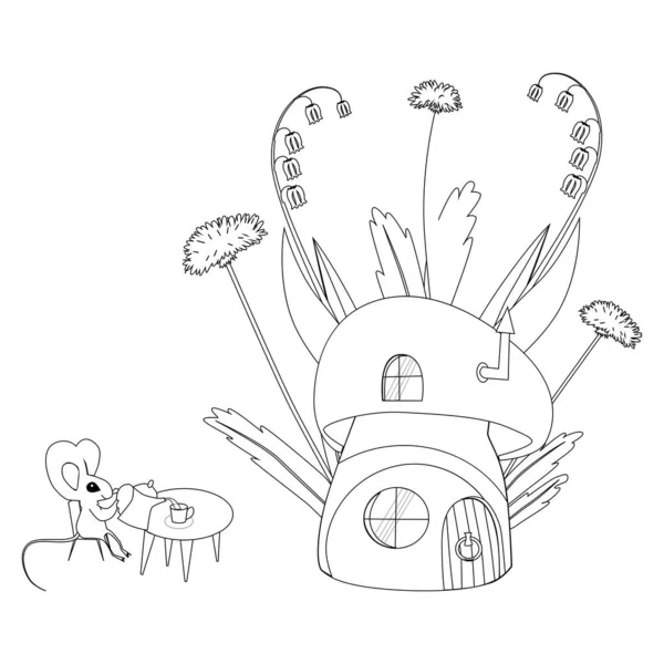Green glade with a mushroom house and a fun mouse. Childlike illustration with plants, flowers, dandelions, bells and a small house. mouse pours tea sitting on a chair at the table.