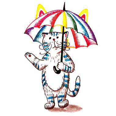 Keçeli kalemlerin şemsiyeli hali. Şemsiyenin altındaki kedi.