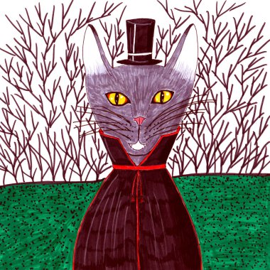 Kedi Drakula. Siyah yağmurluk ve silindir şapkalı gri kedi..