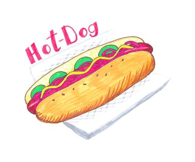 Hot Dog illüstrasyonu. Sosisli sandviç. Poster, menüler, broşür, ağ ve ikon fast-food için izole edilmiş düz çizim..