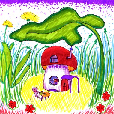 Yeşil bir çayır, mantar evi ve komik bir fare..