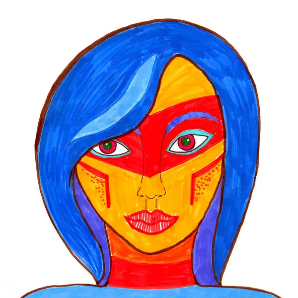 Tekening Van Een Mooi Meisje Met Een Veelkleurig Gezicht Blauw — Stockfoto