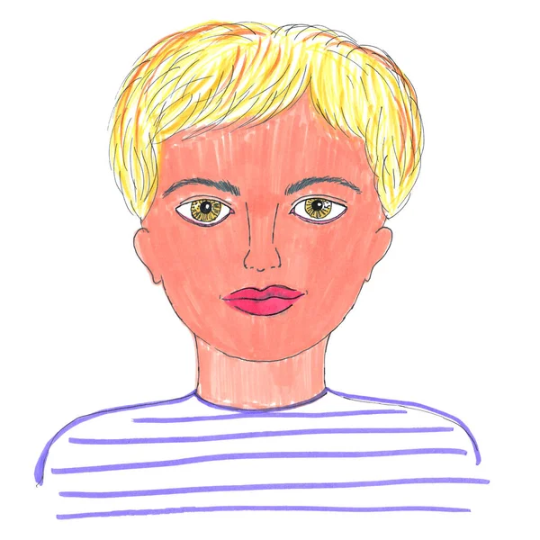 Blond Kvinna Porträtt Pennor Teckning — Stockfoto