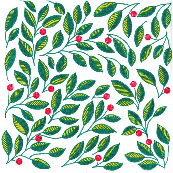 Kırmızı Böğürtlenli Yeşil Yapraklar Keçeli Kalemlerle Çizim — Stok fotoğraf