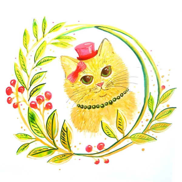 Søt Katt Hatt Med Grønn Blomsterramme – stockfoto