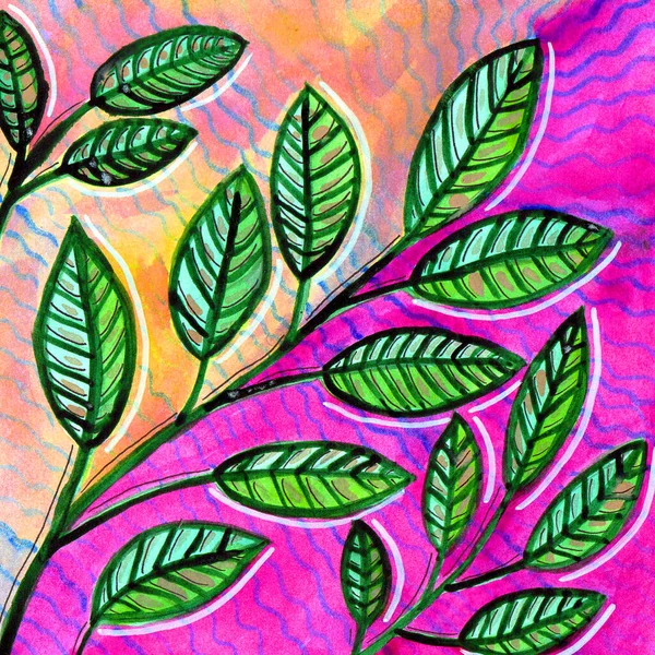 Suluboya ile çizim Yapraklarla yeşil dallar.