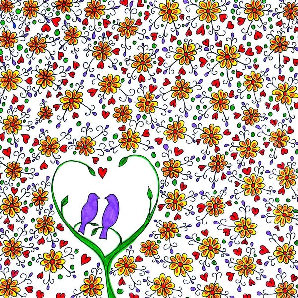 Illustration of flowers and two birds on a branch. Birds about love.