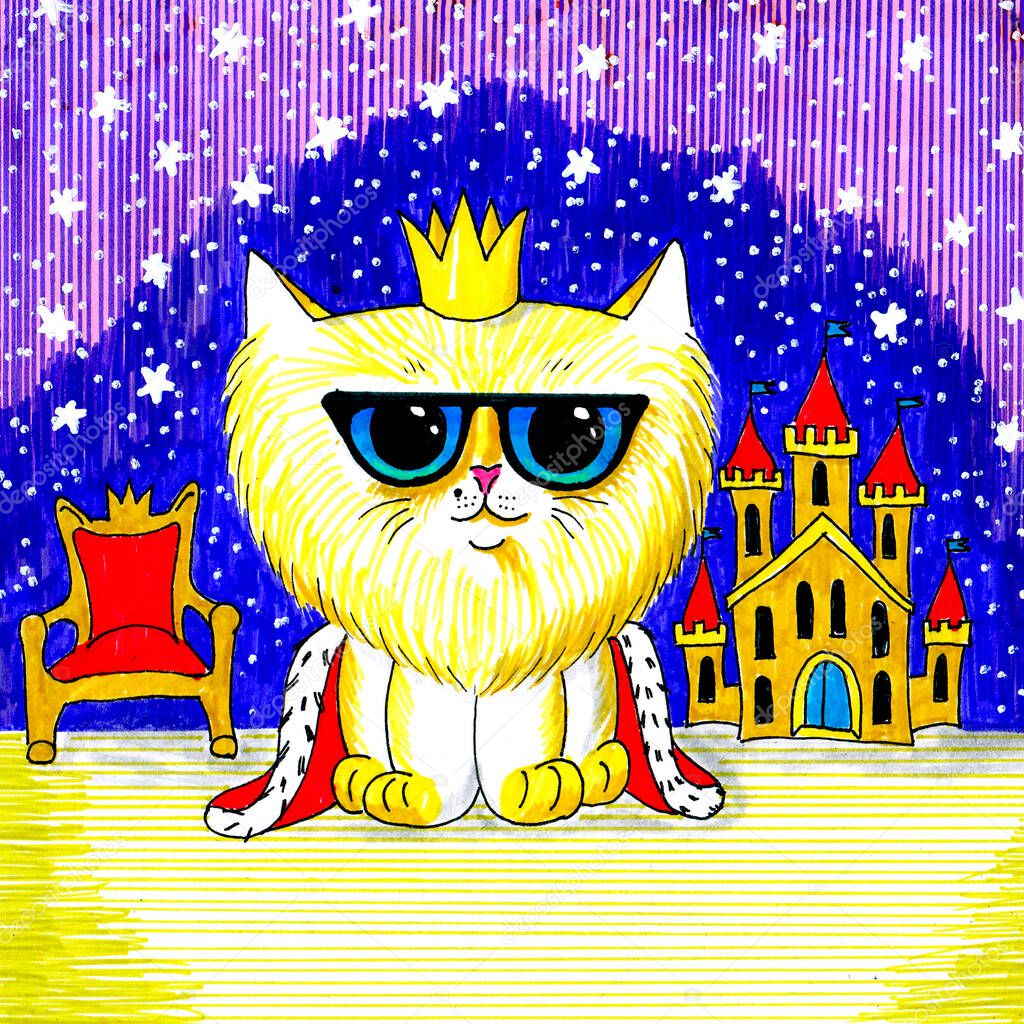 The rich cat is the king in the crown. A cat that has a castle, a throne, a mantle. Cute cat.