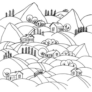 Village in the mountains. Hill houses. Vector illustration of landscape and small houses.