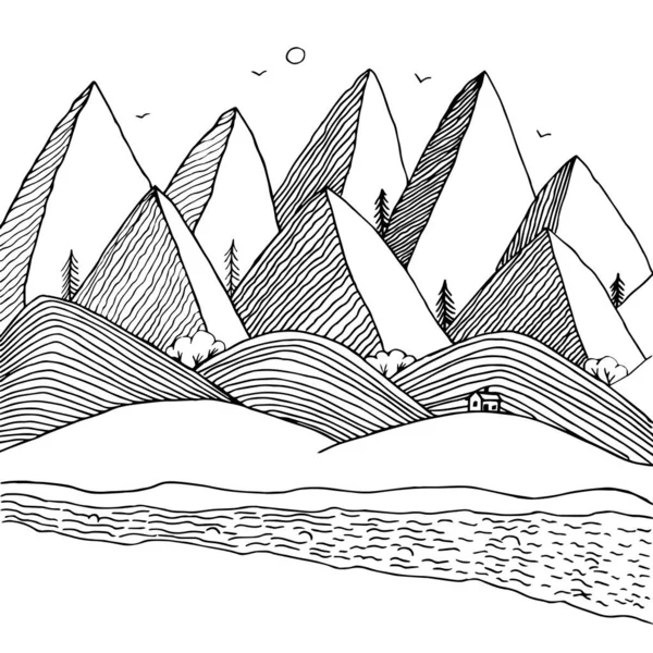 Drawing Mountains Lines Mountain Landscape Sketch Pen Drawing —  Vetores de Stock