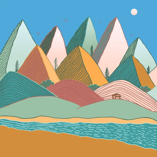 Drawing mountains with lines. Mountain landscape sketch, pen drawing.