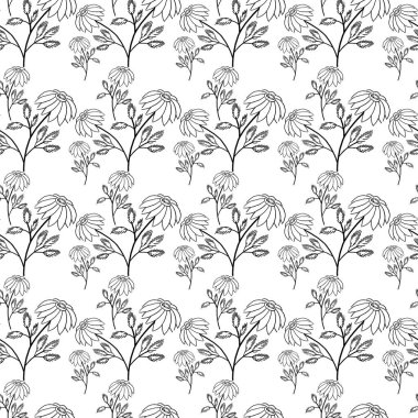 Basit yaz çiçekleri çizimleri. Soyut çiçek illüstrasyonu. El çizimi vektör sanatı. siyah beyaz resimleme