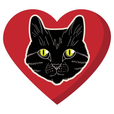 Kırmızı kalpteki güzel kedinin siyah-beyaz çizimi