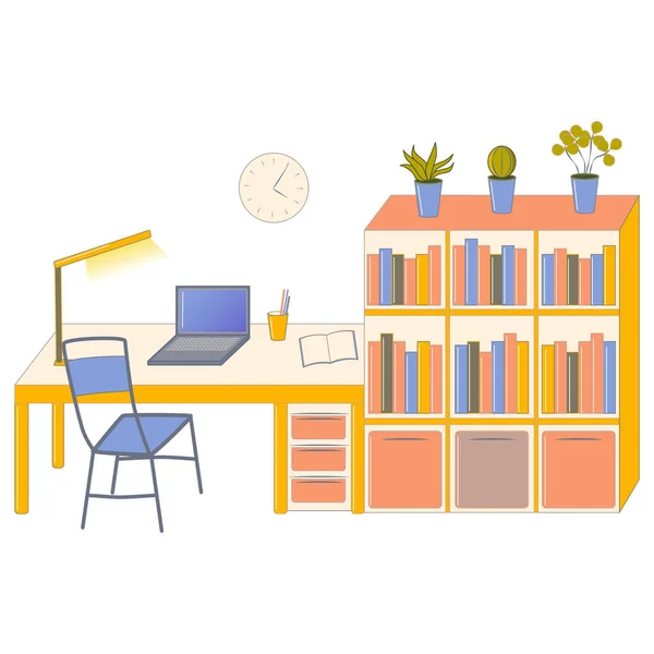 Workplace Desk Chair Laptop Bookcase Vector Illustration — ストックベクタ