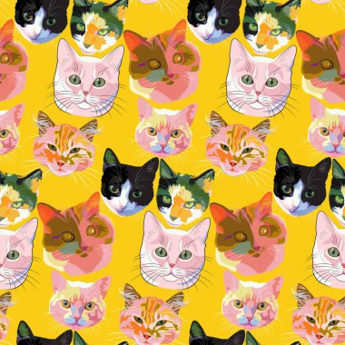 Farklı cinsten vektör desenli kediler. Kumaş ve kağıda basmak için kedi tasviri. Evcil hayvanlarla arka plan.
