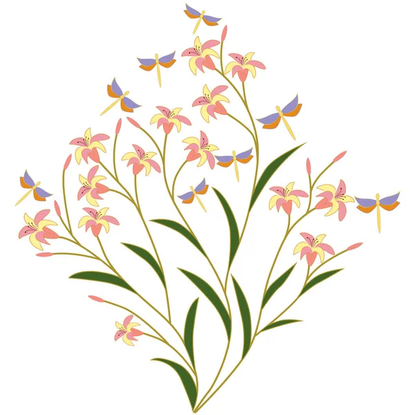 Lily Blossom Vector Dragonflies Fly Printing Fabric Pink Lilies Green — Wektor stockowy