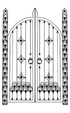 Vector drawing of a carved gate. Entry symbol. Closed gate. For print and web.