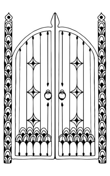 Vector Drawing Carved Gate Entry Symbol Closed Gate Print Web — Stockvektor