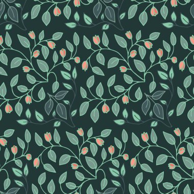 Vector ornament flower knitting. For print and web. Green branches with leaves and buds.