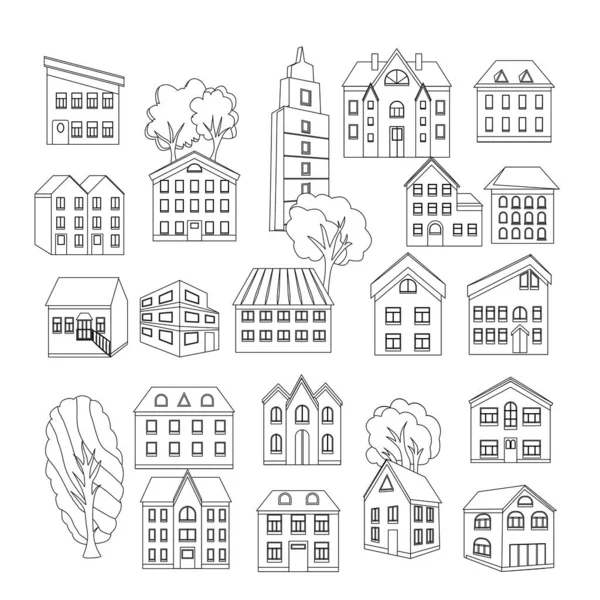 Vector coloring house. Simple drawing of houses for coloring. A set of houses from simple figures for coloring.
