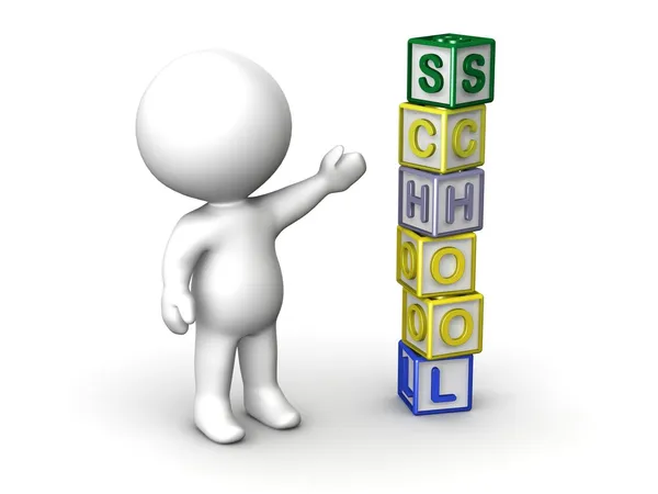 3D Man and Letter Cubes Spelling School — Stock Photo, Image