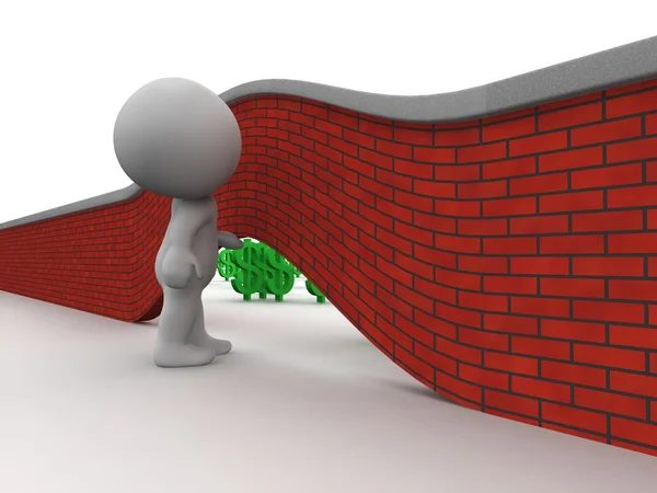 3D-Mann sucht unter Mauer nach Geld auf der anderen Seite — Stockfoto