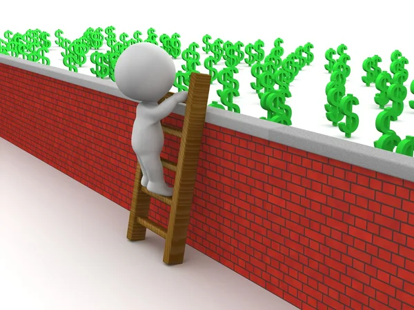 3D-человек скачет по лестнице, чтобы добраться до денег через стену — стоковое фото