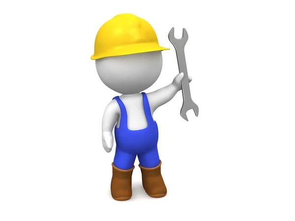 3D Man with Hard Hat, Wrench, and Overalls — Stock Photo, Image