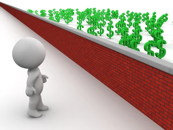 3D άνθρωπος εξετάζοντας τα χρήματα πάνω από τον τοίχο — Φωτογραφία Αρχείου