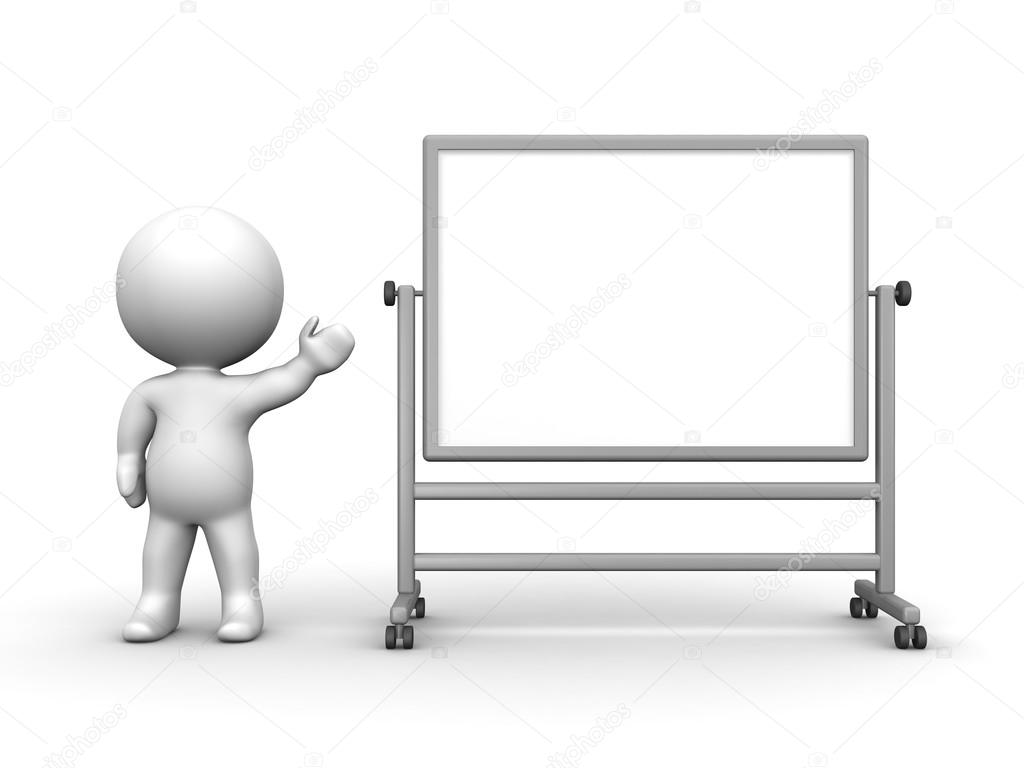 3D Man presenting Large Whiteboard