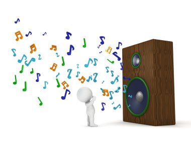 3D insan ve müzik notaları ile büyük hoparlör