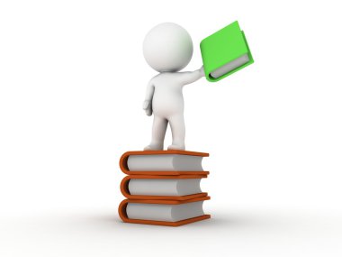 3d adam kitap yığını üzerinde kitap ayakta tutan