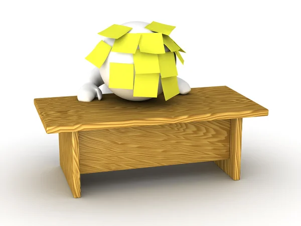 Overwhelmed Stressed 3D Man With Head on Desk and Sticky Notes — Stock Photo, Image
