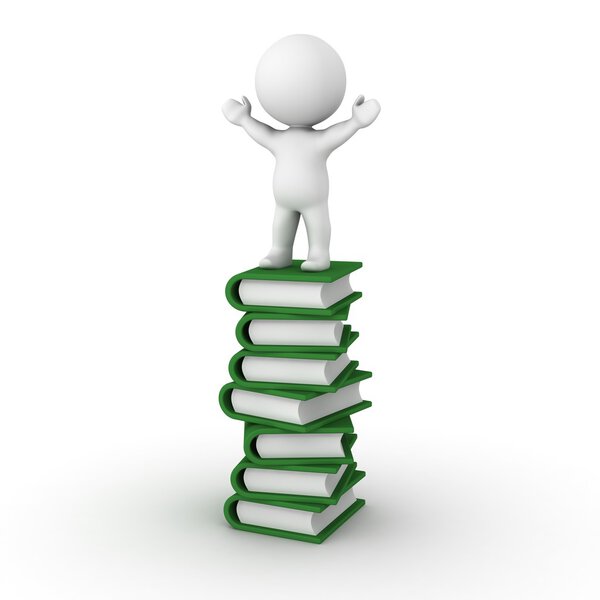 3D Man with Arms Up Standing on Stack of Books