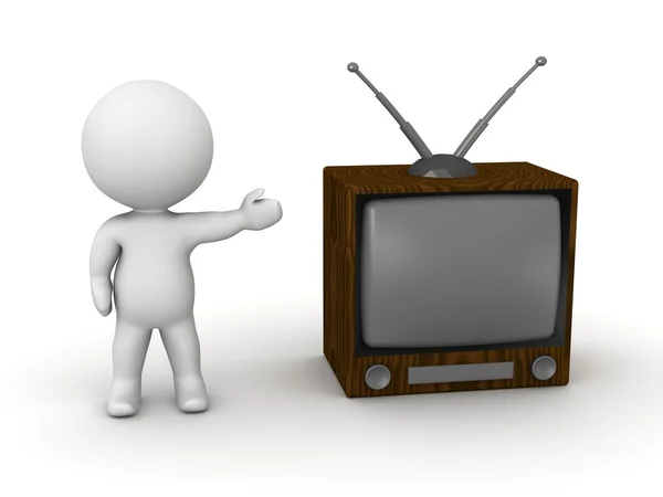 Retro Concept - 3D Man Showing Vintage TV — Stock Photo, Image