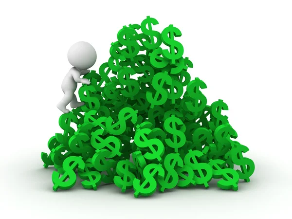 3D man climbing huge pile of dollar symbols — Stock Photo, Image
