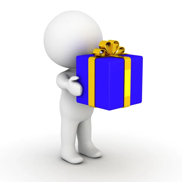 3D man holding wrapped gift — Stock Photo, Image