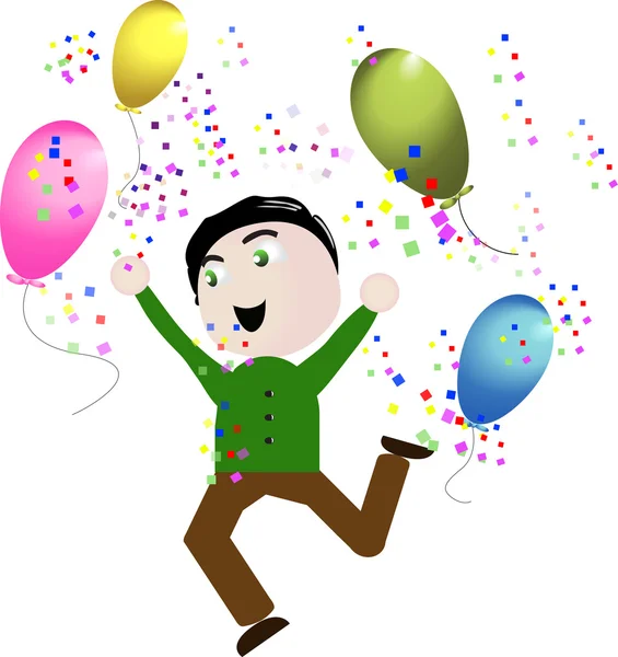 Bonito vetor menino celebrando feliz balões —  Vetores de Stock