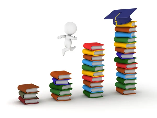 3D Man studying concept with books and graduation cap — Stock Photo, Image