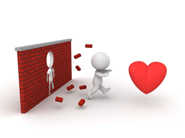 3D Man Correndo attraverso il muro di mattoni per ottenere il cuore rosso — Foto Stock