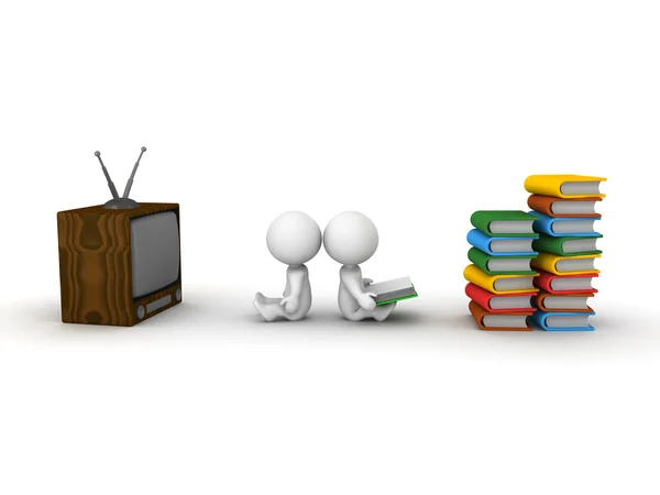 3d adam televizyon izlerken ve 3d insan kitabı okurken